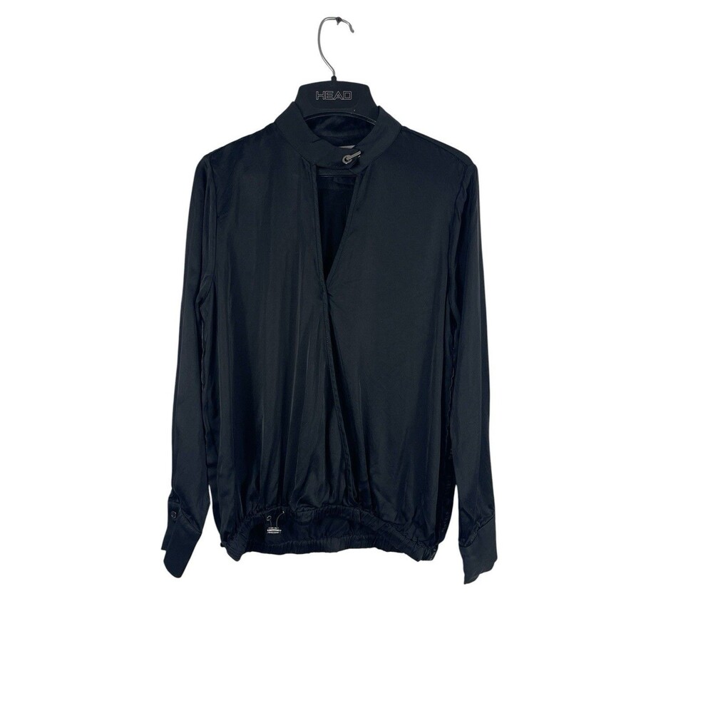 Elias Rumelis Black Satin Feel Blouse XS Long Sleeve Keyhole Side Logo Top READ